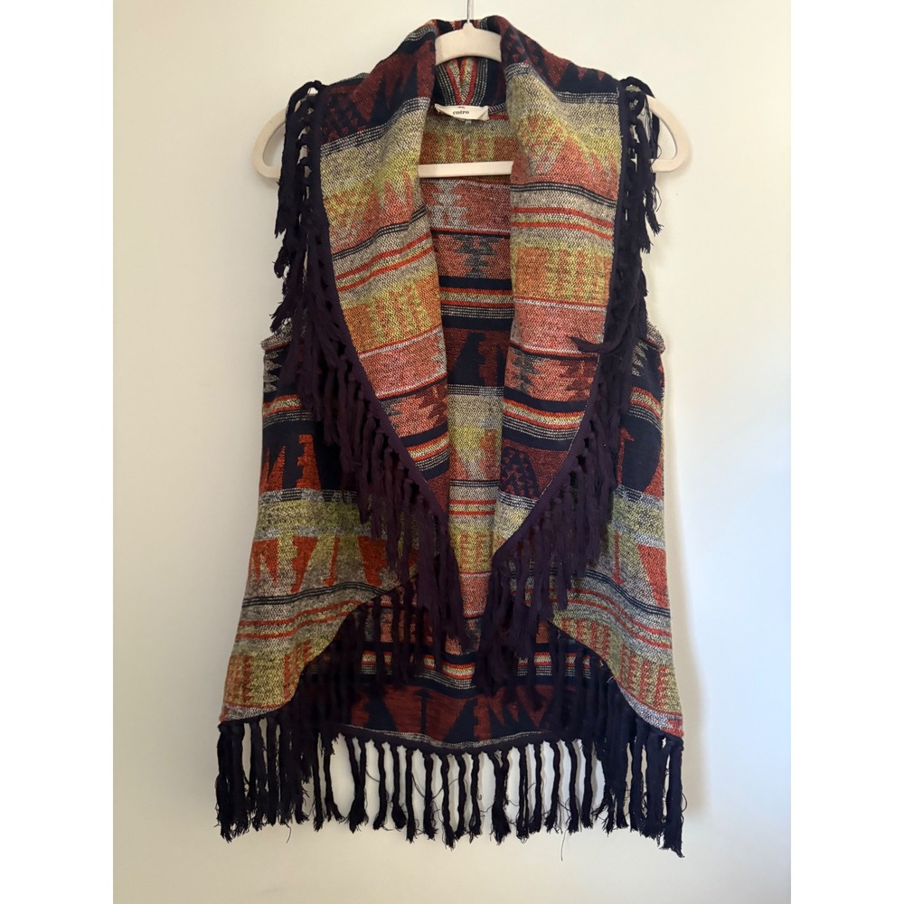 Entro Aztec Print Fringe Vest Size S Sleeveless Southwestern Boho Festival